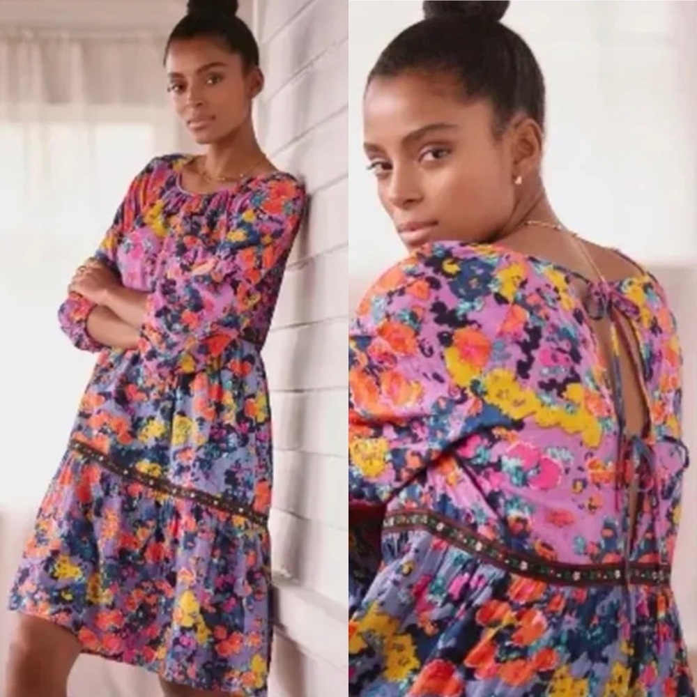 Anthropologie Floral Tiered Puff Sleeve Dress Women's XXS Cotton Folklore Purple